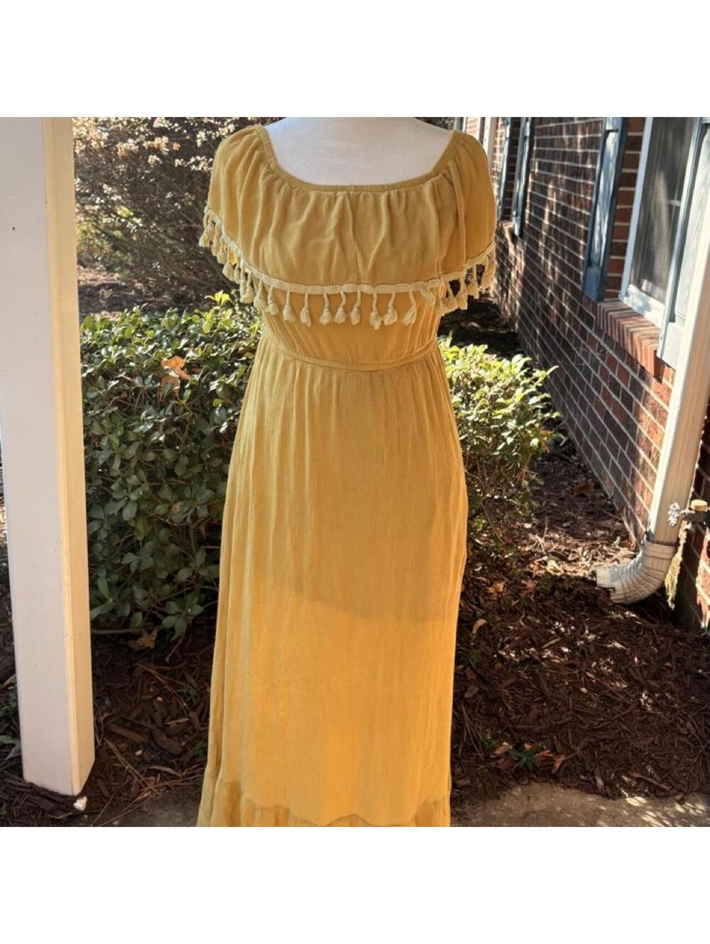 Yellow Main Strip rayon maxi dress with tassels and ruffles